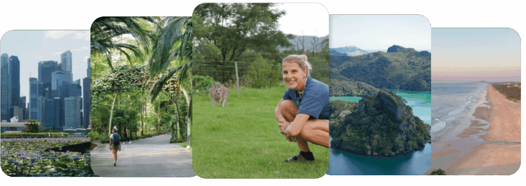 Galerie de voyages sur mesure pour aventuriers, incluant Australie, Nouvelle-Zélande, Canada, Bali et Singapour.